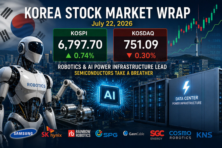 Korea stock market wrap July 23 2026 featuring KOSPI KOSDAQ AI data centers power infrastructure semiconductors and renewable energy stocks