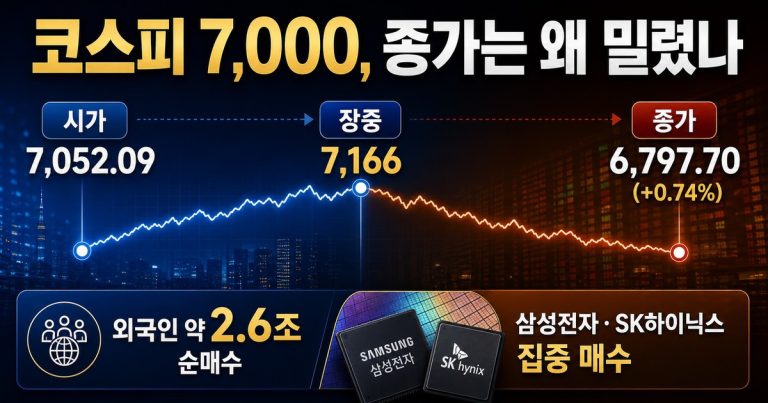 코스피 7000 돌파 후 6797 마감과 외국인 반도체 매수를 분석한 금융 이미지