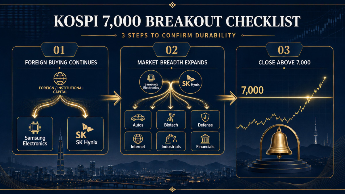 Three-step KOSPI 7000 checklist covering foreign buying market breadth and the closing level